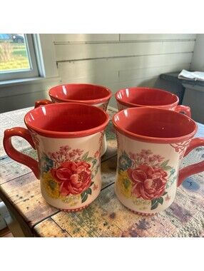 Pioneer Woman Floral Fancy Flourish 5"H Tall Mugs Cups Set of 4